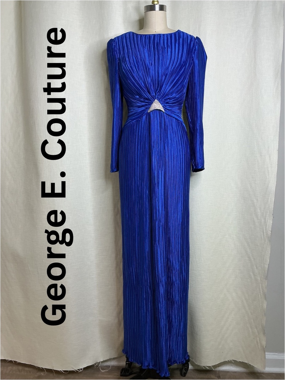 George F Couture Blue Pleated Gown Long Sleeve Cutout Formal Size 10
